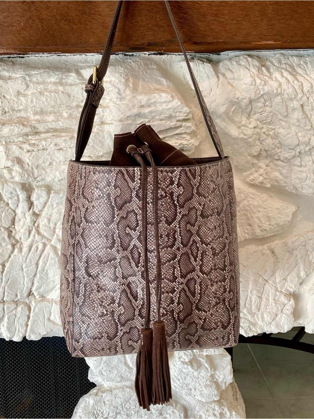 NWOT J. McLaughlin Jillian Snake-Embossed Leather Drawstring Shoulder Bag